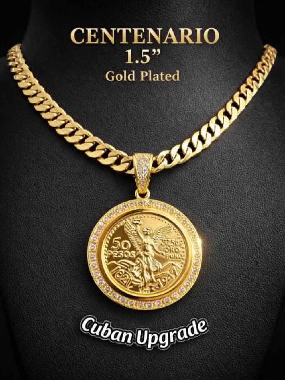 Centenario 50 Pesos Pendant 1.5" CZ Gold Upgraded Cuban Necklace 24" 6mm